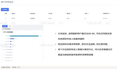 沙发品类，适用面积用户最关注60-90，符合贝壳居住报